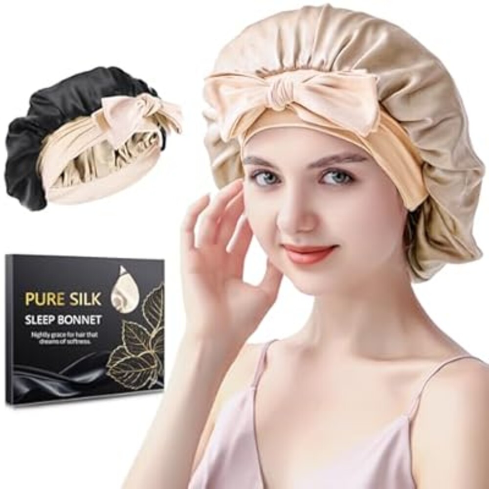22 Momme 100% Mulberry Silk Bonnet for Sleeping Women, Double-Layer Reversible Silk Hair Wrap for Curly & Natural Hair