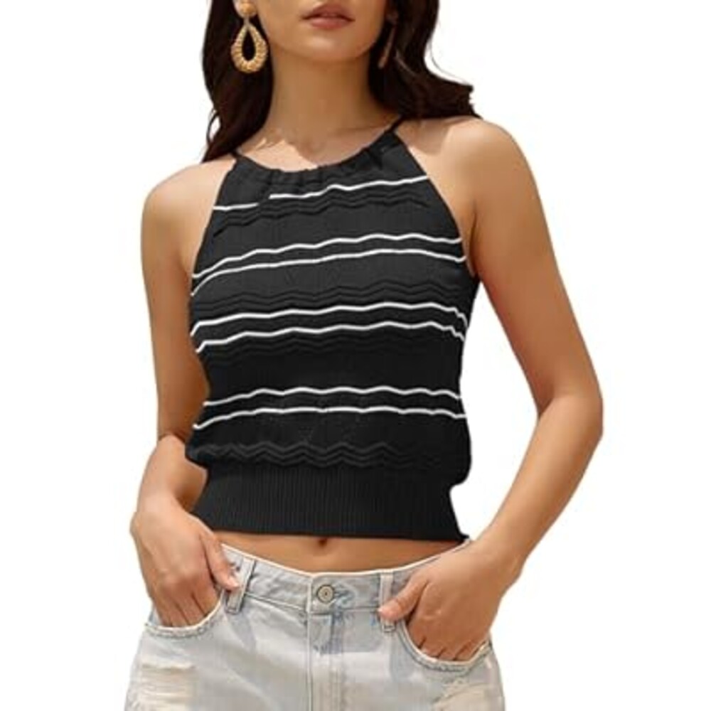 ZAFUL Womens Halter Crochet Tops Backless Sleeveless Hollow Out Summer Sweater Striped Camisole Tank Crop Top