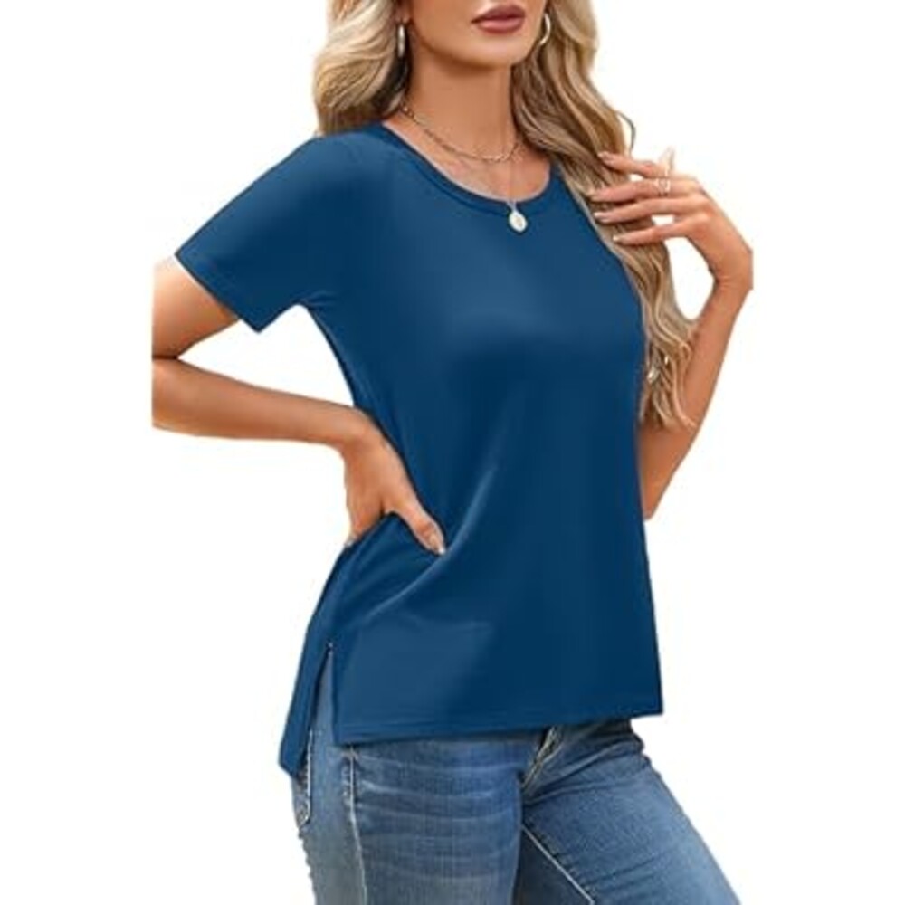 Herou Women Casual Summer Short Sleeve Tops T-Shirts Tees with Side Split Dusty Blue Large