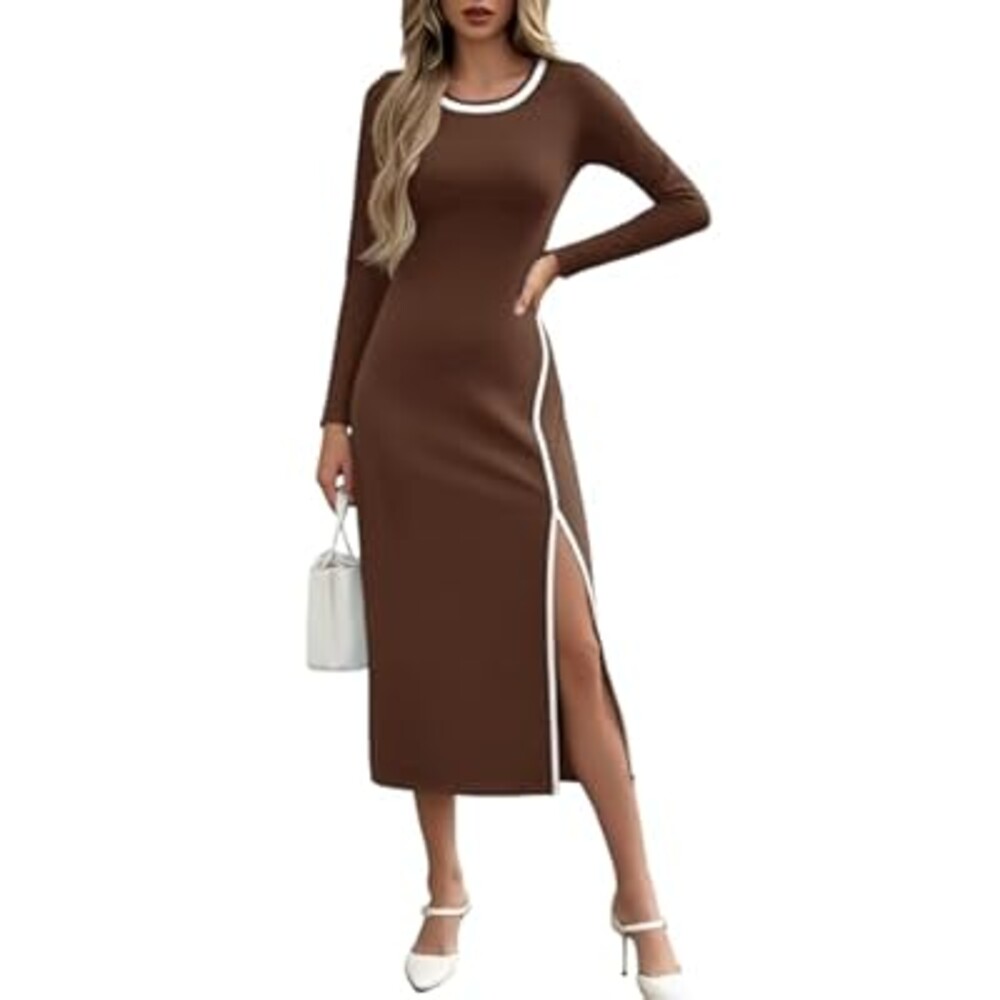 Wenrine Womens Long Sleeve Midi Dress 2025 Casual Fall Crewneck High Slit A Line Contrast Loose Maxi Dresses