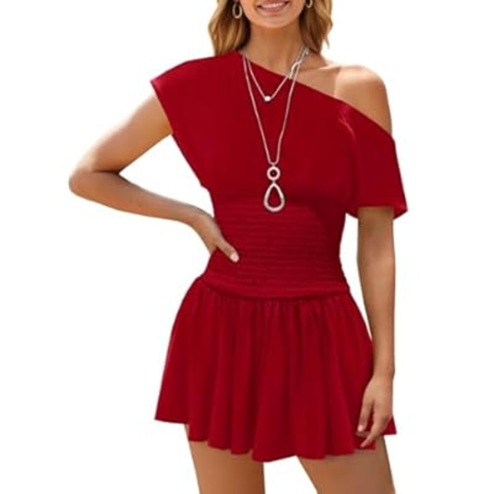 Wenrine Women's Off The Shoulder Mini Dress Summer Short Sleeve Smocked Waist Y2K A Line Going Out Club Dresses