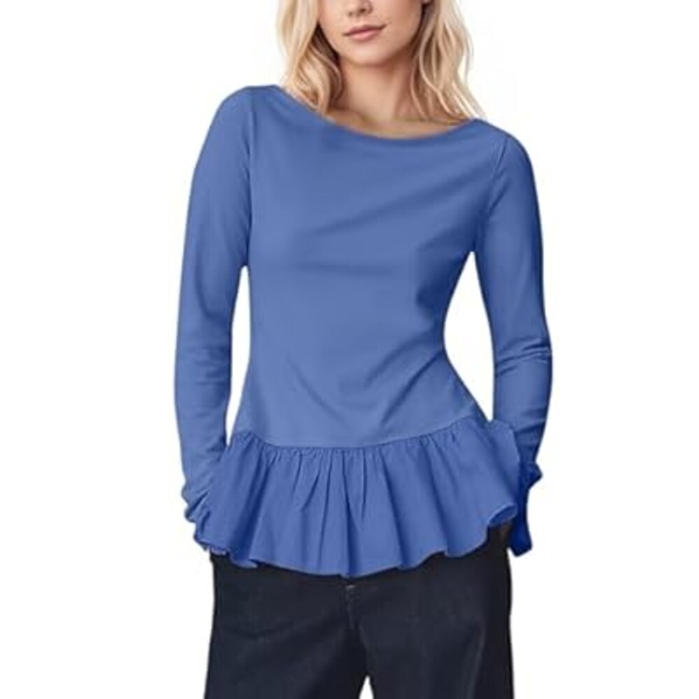 Ceputer Womens Long Sleeve Peplum Tops Cute Ruffle Flowy Babydoll Shirts Fall Casual Pleated Crew Neck Tunic Tees