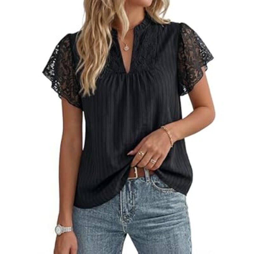 GRACE KARIN Womens Lace Short Sleeve Tops Summer Dressy Casual Cotton Blouses Flowy V Neck Dress Shirts Trendy Clothing 2026, Black, Small