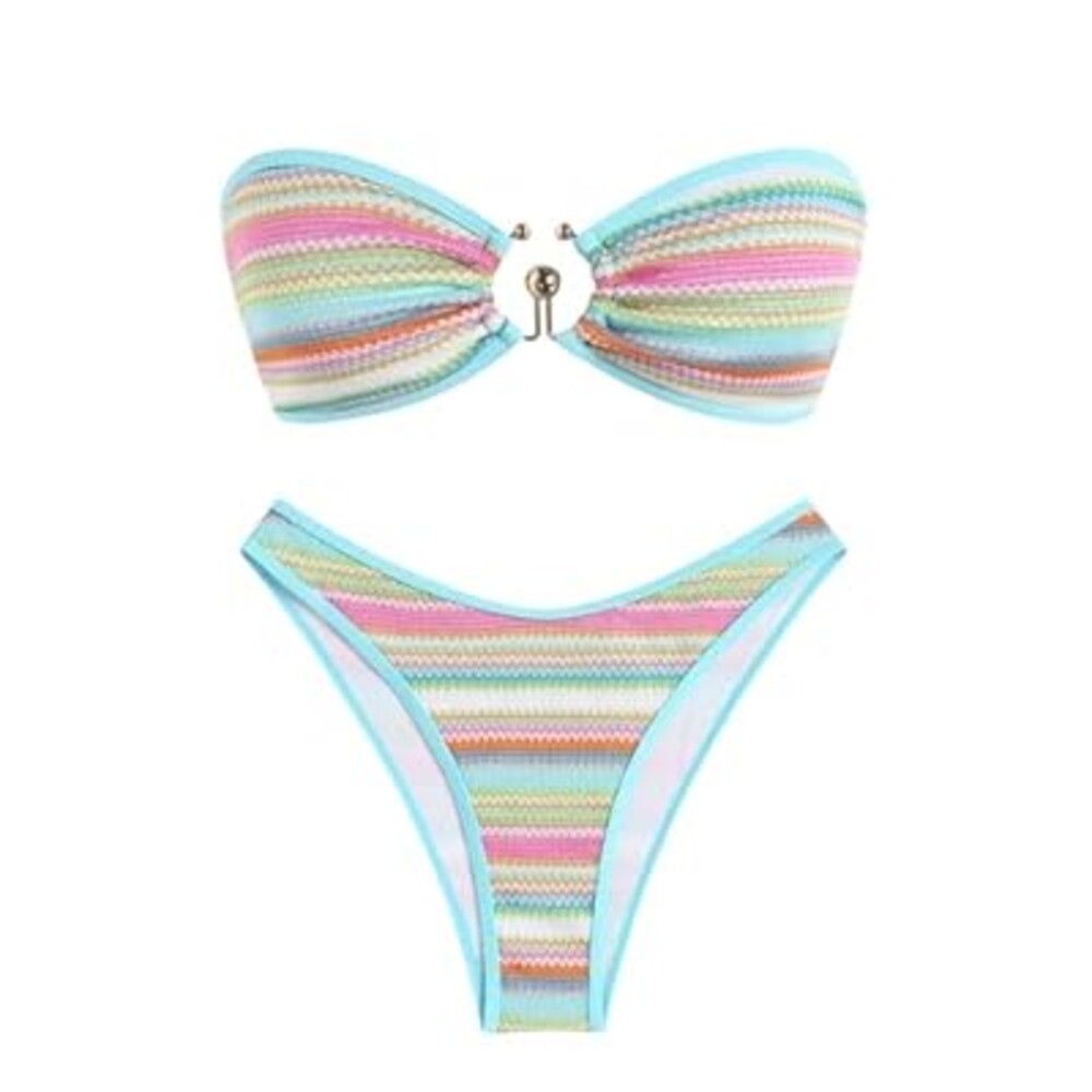 ZAFUL Womens Bandeau Bikini Set Metallic Sparkly O Ring Lace Up Tie Side High Cut Tanga Sexy Bathing Suit Swimwear