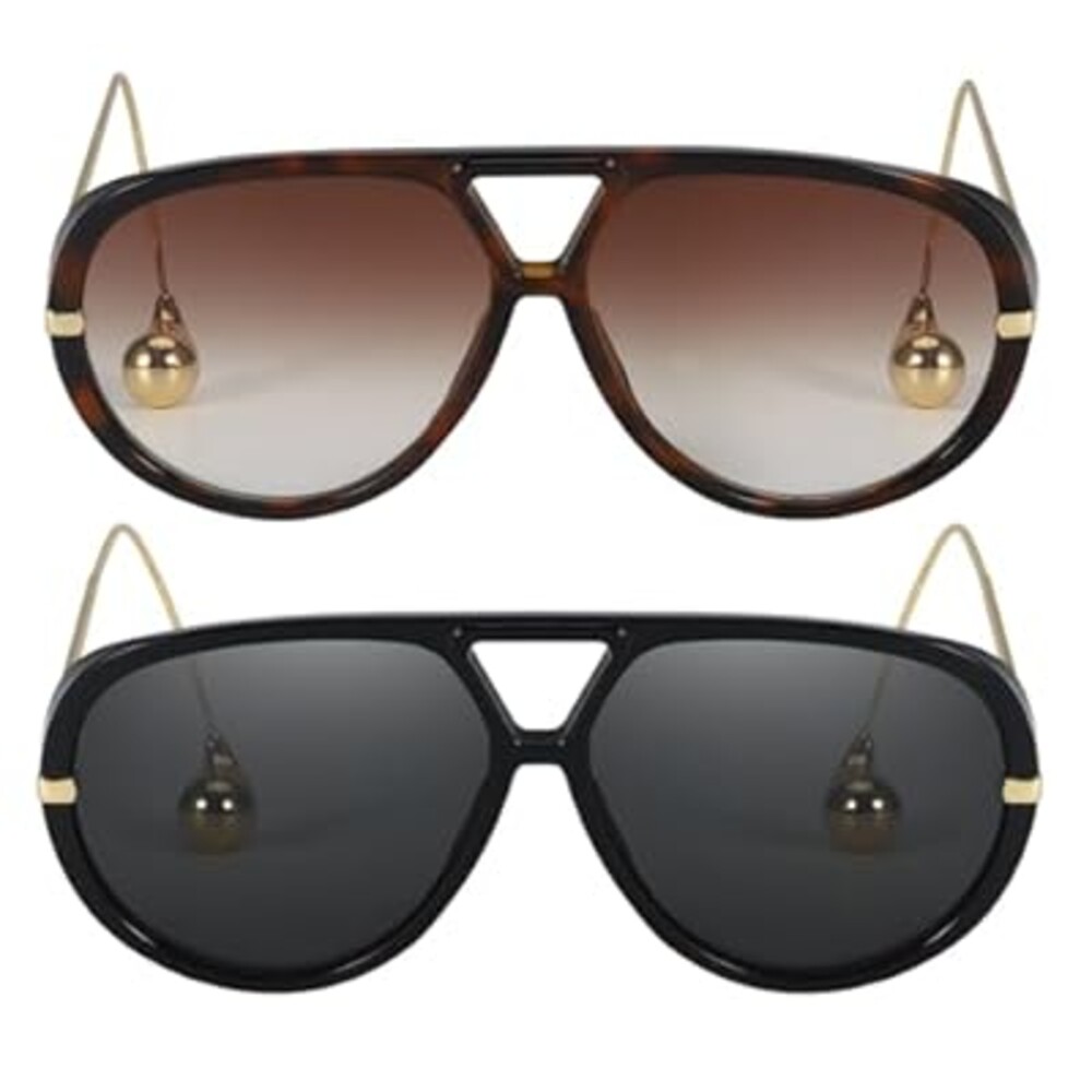 SODQW 2 Pack Oversized Aviator Sunglasses for Women Men With Earring Trendy Large Big Double Bridge 2025 Shades