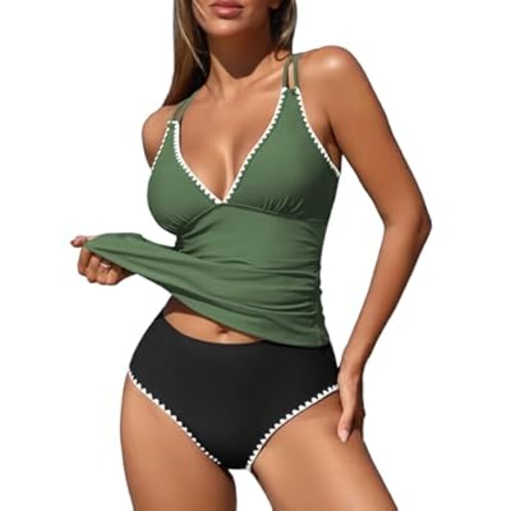 ZAFUL Womens Tankini Swimsuits V Neck Push Up Swim Top Color Block Tummy Control High Waisted Bathing Suits Swim Bottom