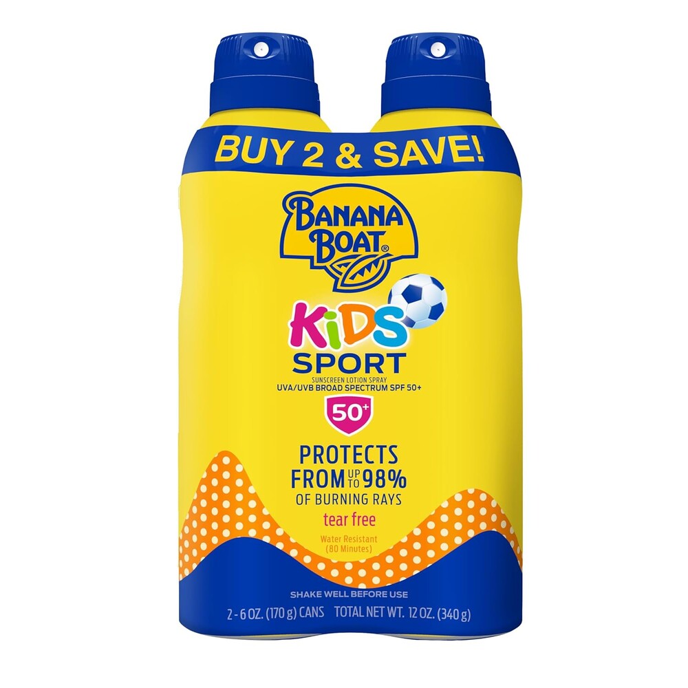 Banana Boat Sport Kids Sunscreen Spray SPF 50, Twin Pack | Spray Sunscreen for Kids, Childrens Sunblock SPF 50, Oxybenzone Free, 6oz each