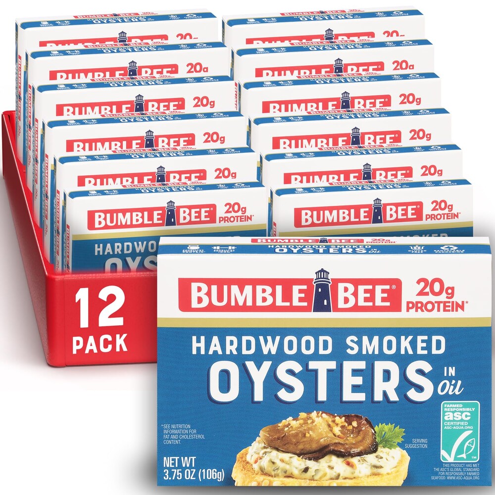 Bumble Bee Canned Hardwood Smoked Oysters, 3.75 oz Cans (Pack of 12) - Ready to Eat - 18g Protein per Serving - Gluten Free