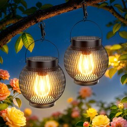 Solar Lanterns Outdoor Waterproof, Upgraded Hanging Solar Lights for Outside, Metal Solar Hanging Lanterns with Clip, Solar Powered Lantern for Patio Porch Garden Decor, 2 Pack