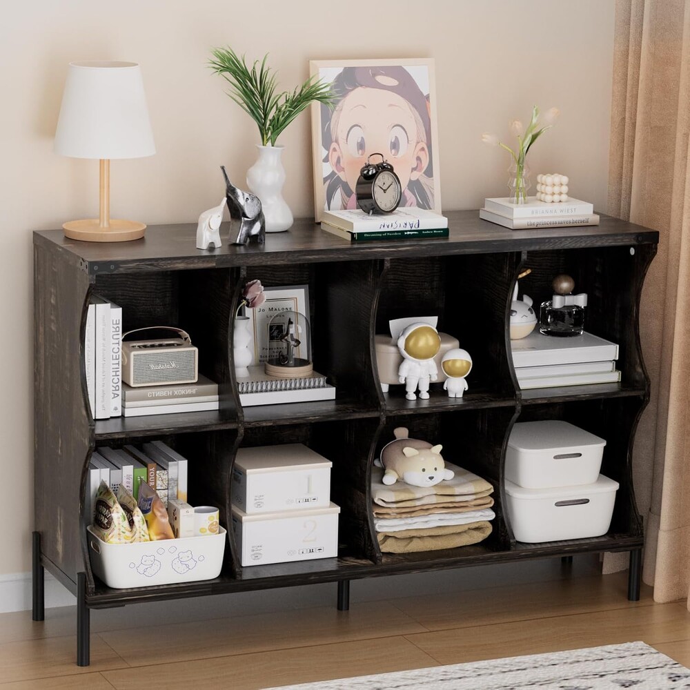 8 Cube Book Shelf, Low and Short Bookshelf, Long Cube Storage Organizer Wood TV Stand, Toy Organization DVD Cabinets for Living Room, Office, Bedroom, Dorm, Dark Brown with Dark Brown Top