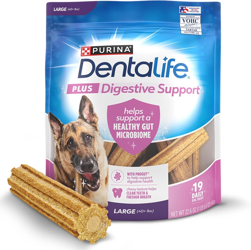 DentaLife Plus Digestive Support Dog Treats for Large Dogs 40 lbs. and up, Cleans Teeth, Freshens Breath, & Supports Healthy Gut, Chicken & Pumpkin Flavor, 22.6 oz., 19 Chews - 19 ct. Pouch