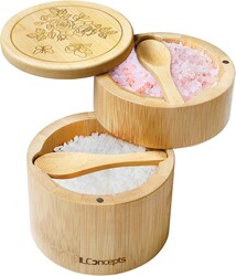 Bamboo Salt and Pepper Box, Bowl, Salt Cellar with Magnetic Swivel Lid and Spoons - Dual Compartment (8oz & 4oz) 2-Tier Wooden Container for Countertop, Holder for Sugar, Herbs, Spices (Rose Engr)