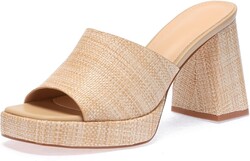 Monrovia Raffia Heeled Sandals for Women，Platform Wedge Slip On Block Heel, Dressy Summer Open Toe Chunky High Heel Vacation Beach Slides Sandals