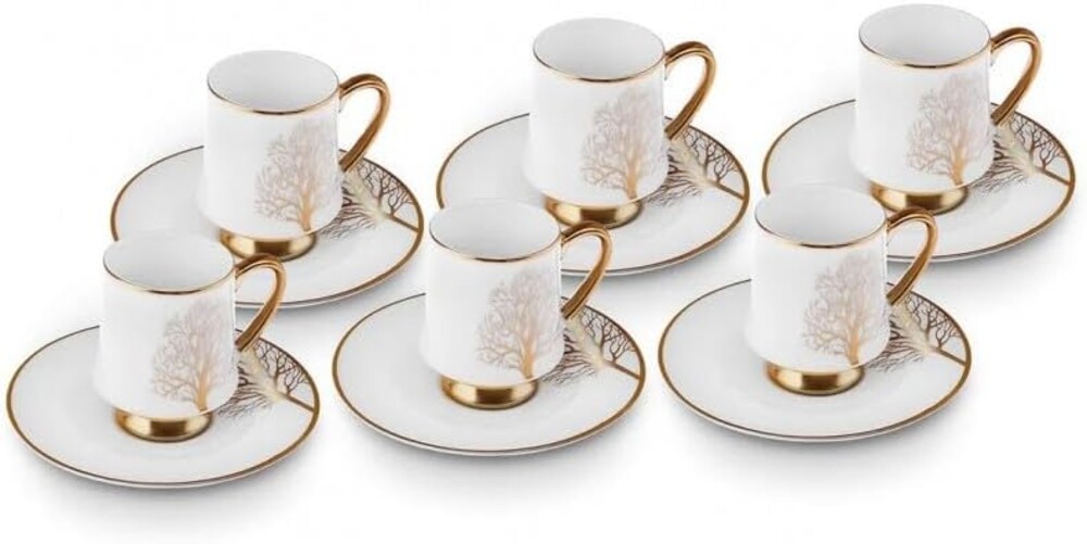 KARACA Afra 12-Piece Bone China Espresso/Turkish Coffee Cup & Saucer Set 90 ml – Elegant White Bone China Set for 6