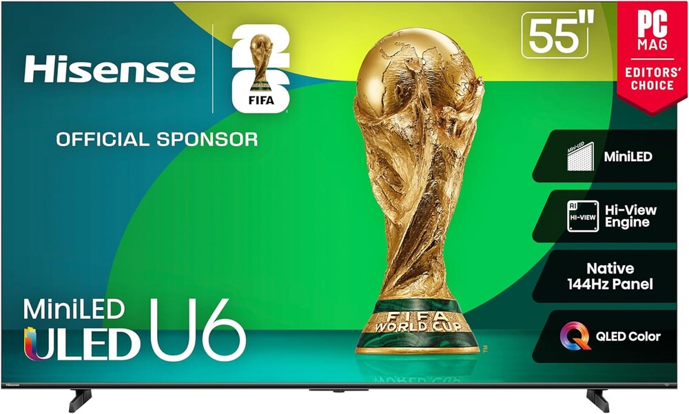 Hisense 55" Class U6 Series Mini-LED 4K UHD Smart Fire TV (55U65QF, 2025 Model) - QLED, Native 144Hz, HDR10+, Dolby Vision IQ, Dolby Atmos, Game Mode Pro, ALLM, Alexa Built in, Black