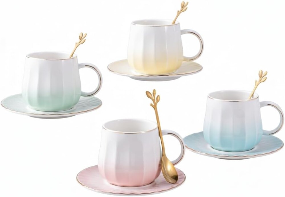 Ceramic Espresso Cups and Saucers Set of 4, 7oz Porcelain Cups for Coffee, Tea, Cappuccino and Various Drinks with Elegant Gold Rim(Multicolor)