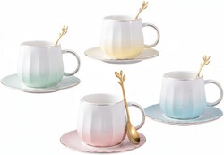 Ceramic Espresso Cups and Saucers Set of 4, 7oz Porcelain Cups for Coffee, Tea, Cappuccino and Various Drinks with Elegant Gold Rim(Multicolor)