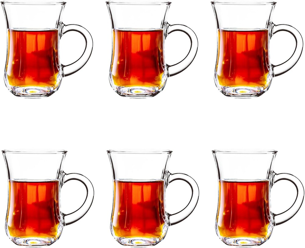 Turkish Tea Glasses With Handle - Tea Cups Set of 6 - Slim Waist Thick Sole Tea Glass for Hold Cold Drinks, 5 oz / 150ml