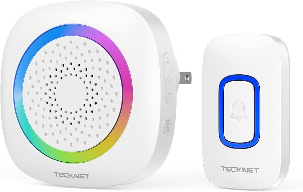 TECKNET Plug in Wireless Doorbell with RGB Lighting & 1300 Feet Range,IP66 Waterproof Door bell for Home/Classroom/Office/Business,60 Chimes,5-Level Volume,4.5-Year Battery Life(White)