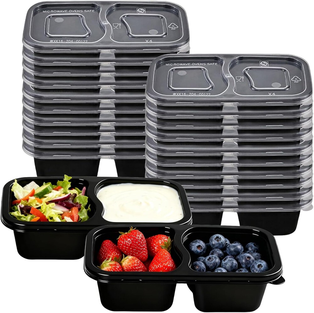 Reusable Snack Containers with Lids - 20PCS Double Compartment Condiment Containers for Snack Prep, Portion Control, Lunches Picnics Parties, Microwave & Dishwasher Safe 6.76oz (BLACK)
