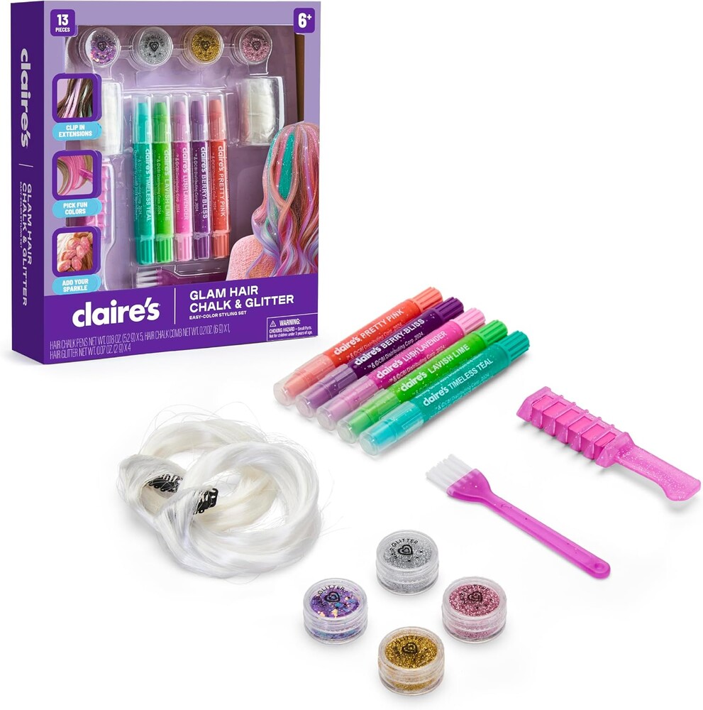 Claire's Hair Chalk & Glitter Styling Kit, 13-Piece Temporary Hair Color Set with Washable Chalk Pens, Glitter Gels, Clip-in Extensions & Tools, Girl Toys & Beauty Activity, Fashion Craft Gift Ages 6+