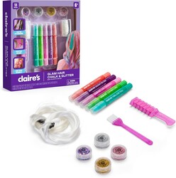 Claire's Hair Chalk & Glitter Styling Kit, 13-Piece Temporary Hair Color Set with Washable Chalk Pens, Glitter Gels, Clip-in Extensions & Tools, Girl Toys & Beauty Activity, Fashion Craft Gift Ages 6+