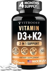 VITBOOST Vitamin D3 K2 Complex - Easy to Swallow - Vitamin D (D3) 5000 IU (125 mcg) & K2(MK-7) 90 mcg | Non-GMO | Gluten-Free | USA Made | 120 Capsules