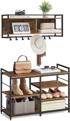 VASAGLE Hall Tree with Shoe Bench, Coat Rack Shoe Bench Set, Entryway Furniture, Multifunctional, 12 Metal Hooks, 4-Tier Shoe Rack, for Entryway, Bedroom, Rustic Brow ULSB107K01