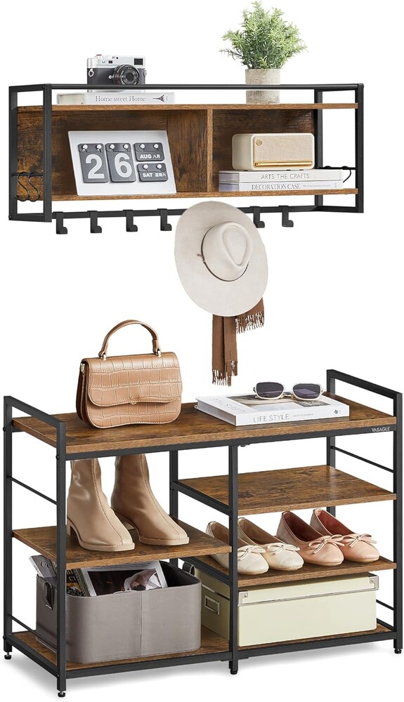 VASAGLE Hall Tree with Shoe Bench, Coat Rack Shoe Bench Set, Entryway Furniture, Multifunctional, 12 Metal Hooks, 4-Tier Shoe Rack, for Entryway, Bedroom, Rustic Brow ULSB107K01