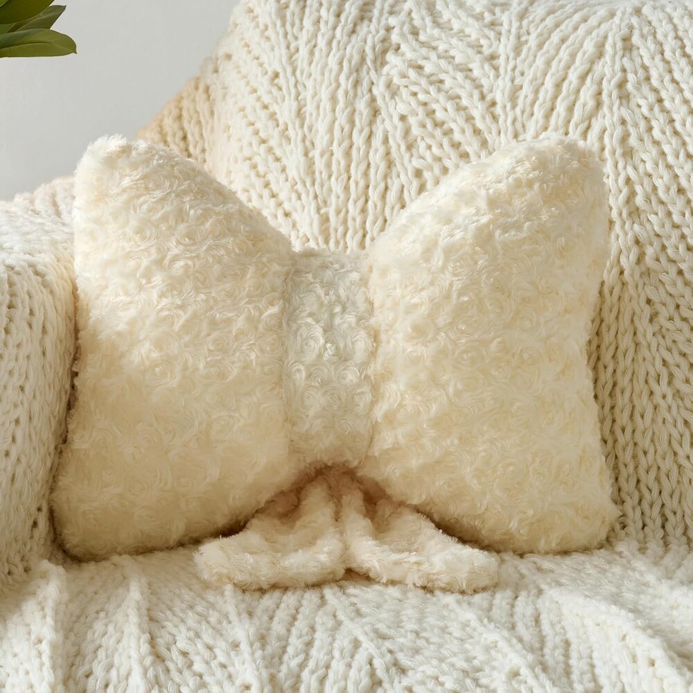 Bow Pillow, Decorative Bow Pillows with Soft Plush for Couch Bed, Bow Shaped Throw Pillow Room Decor for Bedroom, Bow Decorative Pillow for Living Room (Beige, Small-12 Inches)