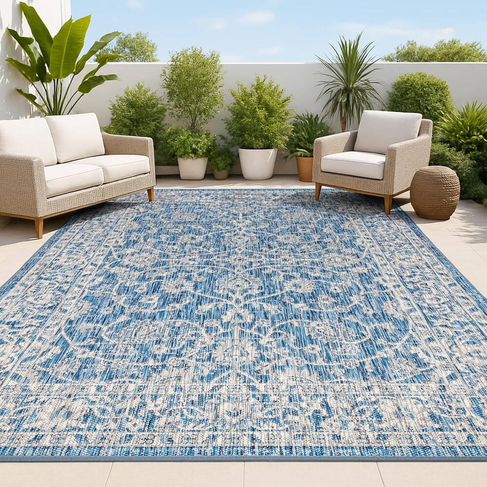 JONATHAN Y Vine and Border Indoor Outdoor Area Rug 8X10 Navy/Gray, Palazzo Textured Weave for Backyard, Patio, Porch, Easy-Cleaning, High Traffic, Pet-Friendly, Non-Shedding (SMB103A-8)