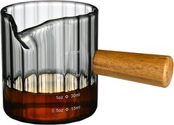 Glass Measuring Cup, 3oz Espresso Shot Glass with Wood Handle, Single Spout Measuring Cups Pitcher Milk Cup Coffee Shot Glasses (Gray Ribbed)