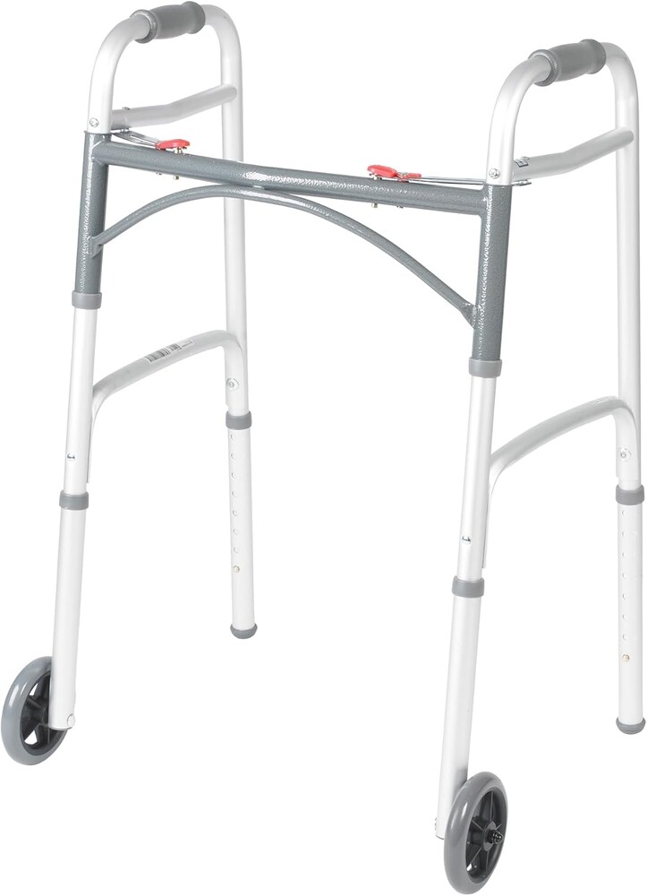 Drive Medical Two-Button Folding Walker w/ Wheels - Lightweight Rolling Mobility Support - Desk Arms - Adjustable Height - Dual Push-Button Operation - 5 Inch Front Wheels - Durable Aluminum - Silver