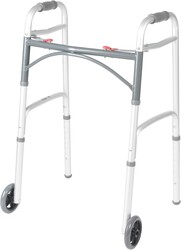 Drive Medical Two-Button Folding Walker w/ Wheels - Lightweight Rolling Mobility Support - Desk Arms - Adjustable Height - Dual Push-Button Operation - 5 Inch Front Wheels - Durable Aluminum - Silver