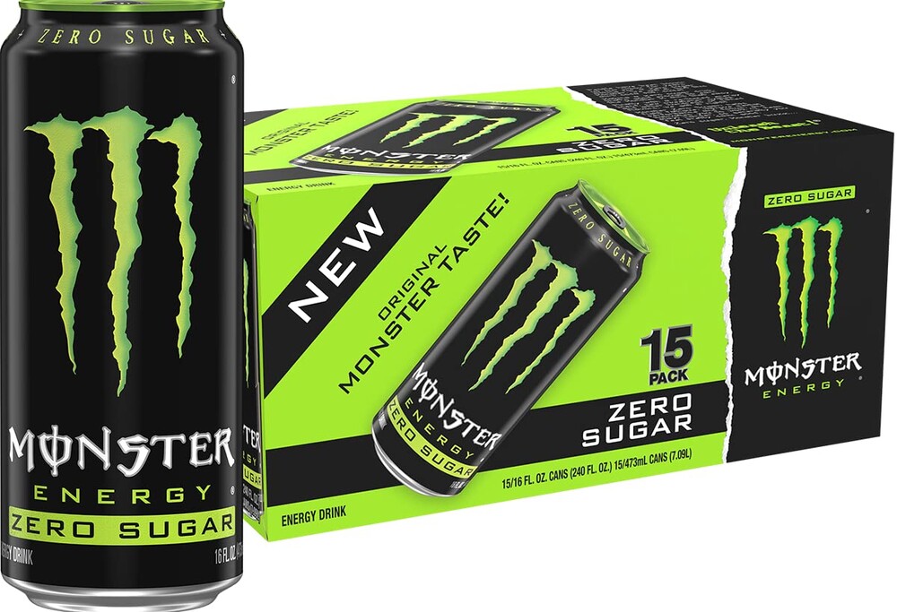 Monster Energy Zero Sugar, Green, Original, Low Calorie Energy Drink, 16 Ounce (Pack of 15), Can