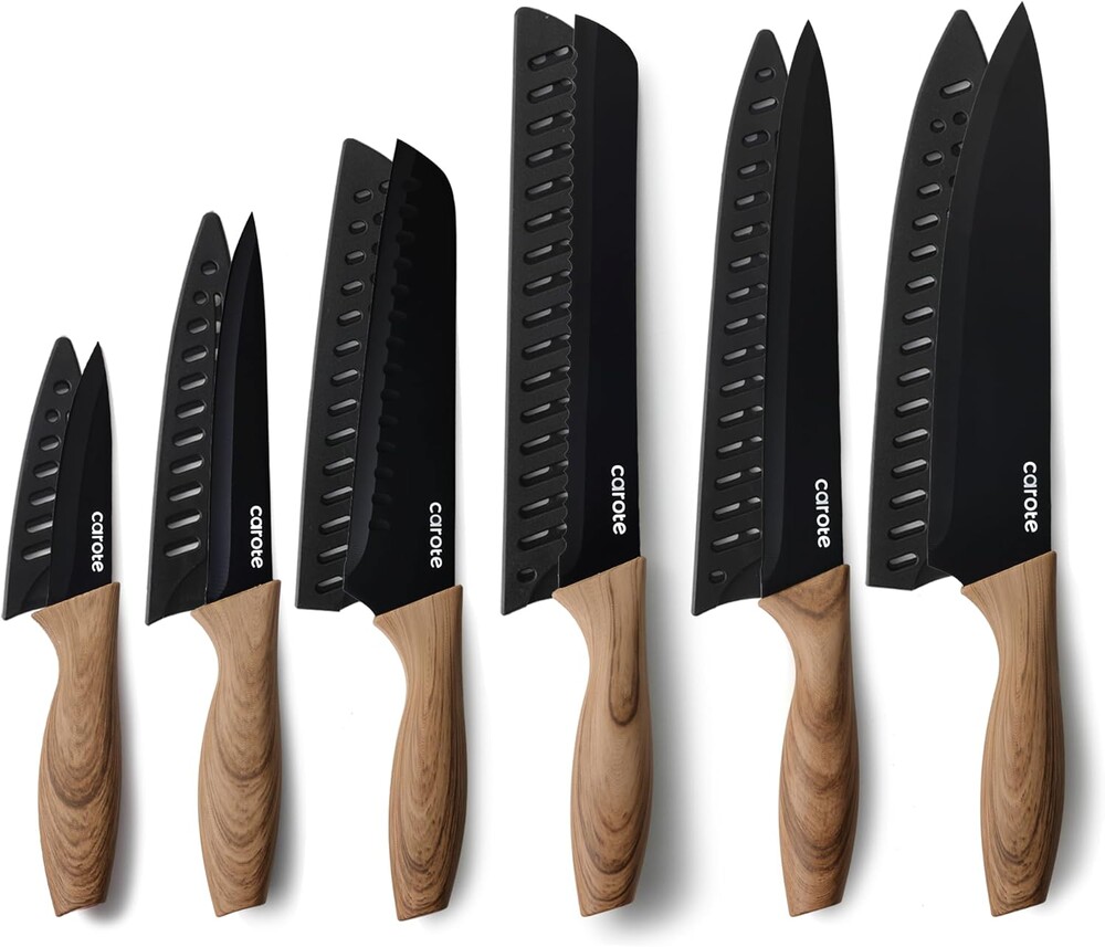 CAROTE 12PCS Knife Set, Stainless Steel Kitchen Knife Set with Nonstick Ceramic Coating, 6 Knives with Blade Guards, Rustproof, Easy-Clean, Black