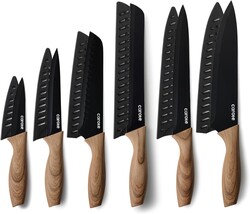 CAROTE 12PCS Knife Set, Stainless Steel Kitchen Knife Set with Nonstick Ceramic Coating, 6 Knives with Blade Guards, Rustproof, Easy-Clean, Black