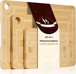 Sentk 3Pcs Bamboo Cutting Boards for Kitchen,Wooden Cutting Boards with Juice Grooves,Built-in Handles & Hanging Holes,Knife Friendly,Ideal for Chopping Meat、Vegetables and Fruit Serving，Kitchen Gift