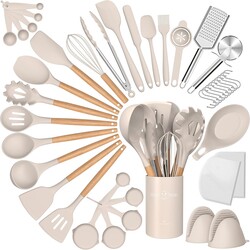 Silicone Cooking Utensils Set, 43Pcs Non-Stick Heat Resistant Kitchen Utensils Spatula Set with Wooden Handle for Baking, Cooking, and Mixing, Best Kitchen Gadgets Tools with Holder (Khaki)
