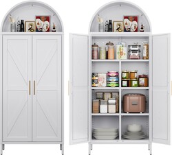 Metal Arched Kitchen Pantry Cabinet with 4 Adjustable Shelves, Farmhouse Arched Cabinet with 2 Doors for Kitchen,Bedroom,Living Room,White, Assemble Required,13.8" D x 27.6" W x 66.9" H