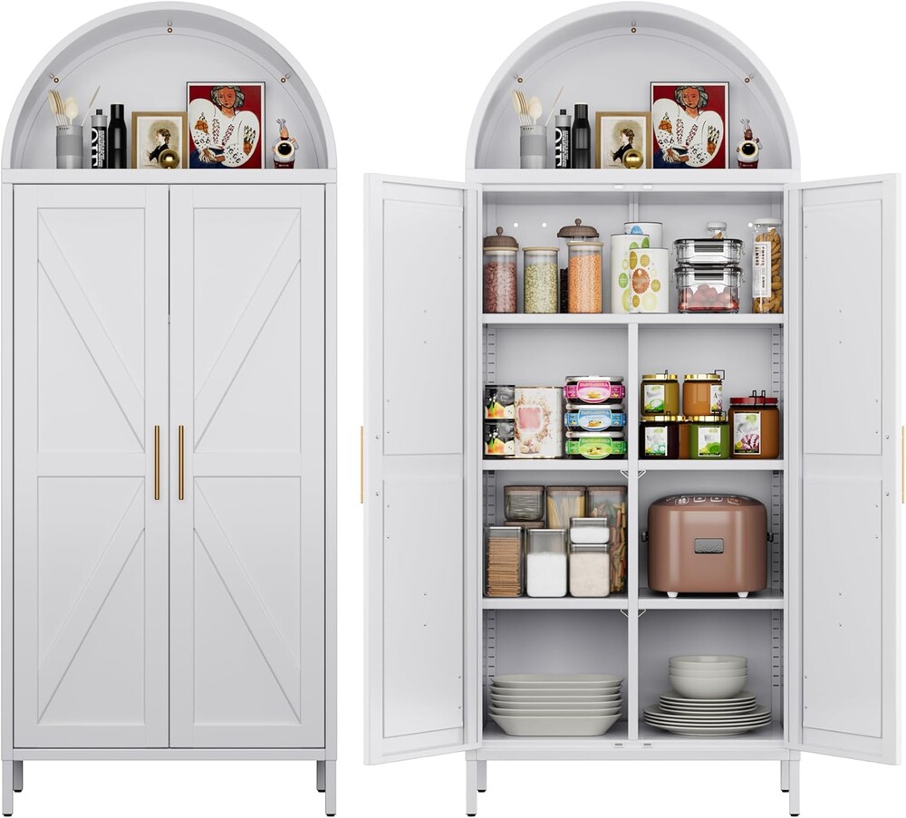 Metal Arched Kitchen Pantry Cabinet with 4 Adjustable Shelves, Farmhouse Arched Cabinet with 2 Doors for Kitchen,Bedroom,Living Room,White, Assemble Required,13.8" D x 27.6" W x 66.9" H