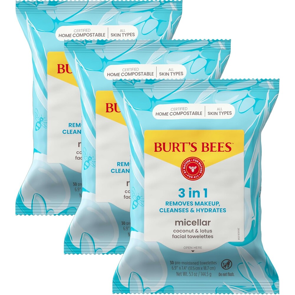 Face Wipes, Burt's Bees Facial Cleansing, Makeup Remover Towelettes, 3 in 1 Hydrating Micellar Cleanser with Coconut & Lotus Water, 90 Count (Packaging May Vary)