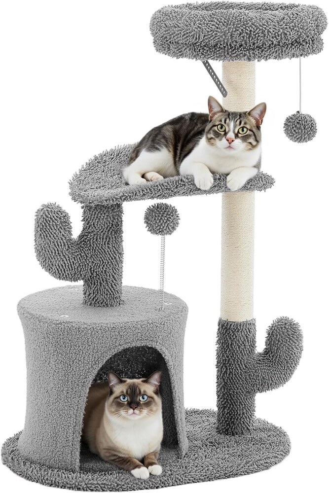 DUMOS 33-inch Cat Tree Tower for Indoor Cats, Small Cat Scratching Post with Curved Bed, Cat Tree with Cat Condo for Adult, Grey
