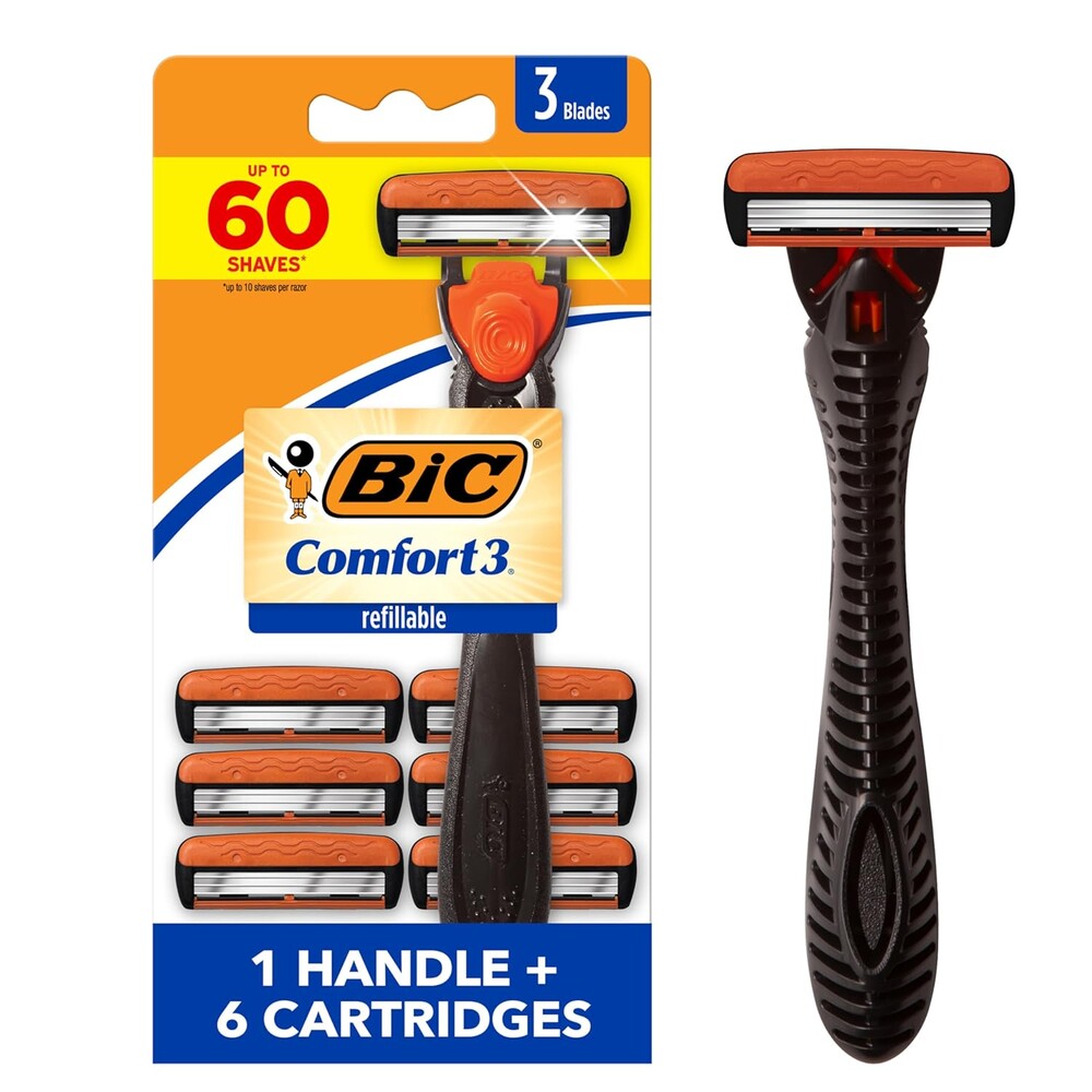 BIC Comfort 3 Refillable Three-Blade Razor for Men, Sensitive Skin Razor For a Comfortable Shave, 1 Handle and 6 Cartridges, 7 Piece Razor Set