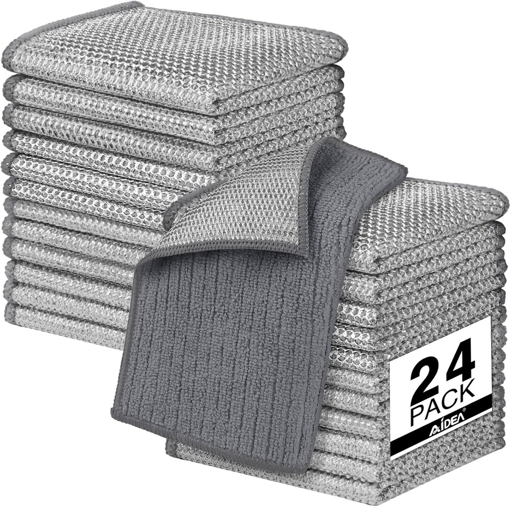 AIDEA Non Scratch Wire Dishcloth 24PK, Upgraded Wire Dishwashing Rag for Kitchen, Dual Sided, Dish Cloths for Washing Dishes, Cleaning Pads Steel Scrubber for Cookware, Sinks, Stove Tops, 7"×8" Grey