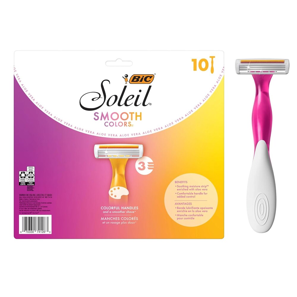 BIC Soleil 3 Colors Women's Disposable 3 Blade Razors, Colorful Handles and Moisture Strip, 10-Pack