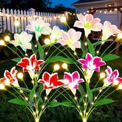 WdtPro Upgraded Solar Garden Lights Outdoor: 4 Pack 2-in-1 Solar Firefly Swaying Light with Lily Flower and Glowing Stem, Waterproof Garden Decor for Yard Patio Pathway Lawn, Gardening Gifts for Women