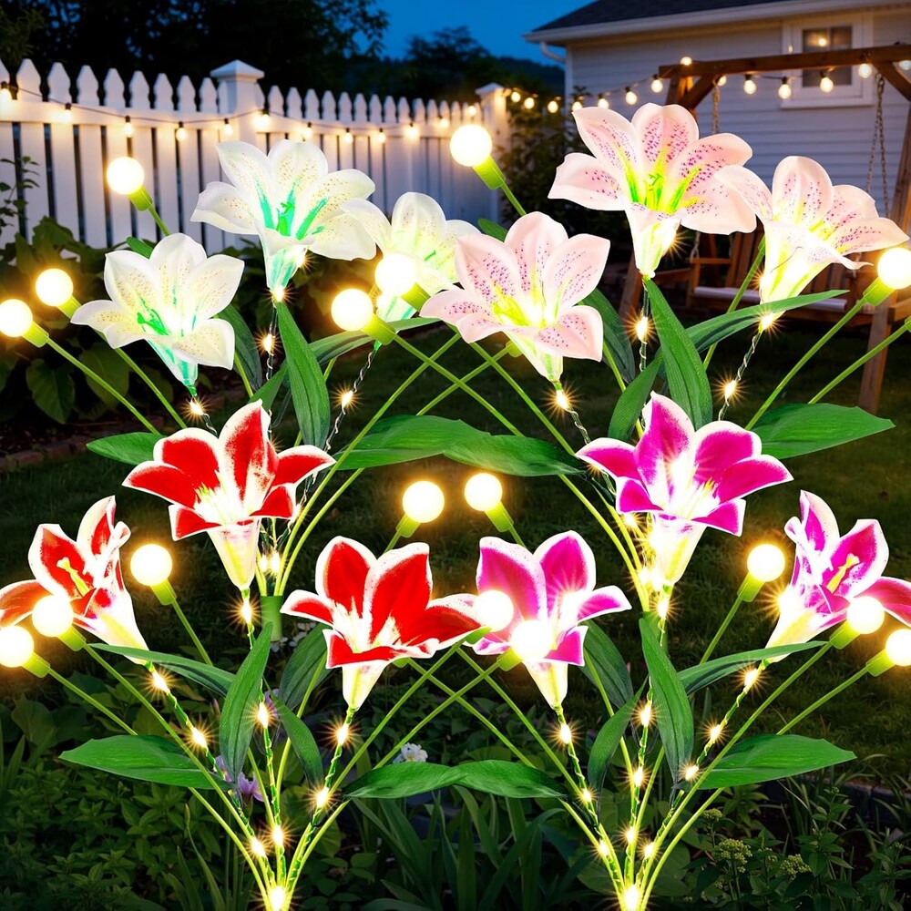 WdtPro Upgraded Solar Garden Lights Outdoor: 4 Pack 2-in-1 Solar Firefly Swaying Light with Lily Flower and Glowing Stem, Waterproof Garden Decor for Yard Patio Pathway Lawn, Gardening Gifts for Women