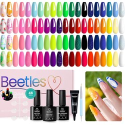 Beetles Gel Nail Polish Set-36 Colors Rainbow Nails Neon Juicy Picnic Party Collection & Rhinestone Gel Nail, 46Pcs Fruit Bubbles Nails Blue Green Pink Color with Top Base Coat Liner Brush