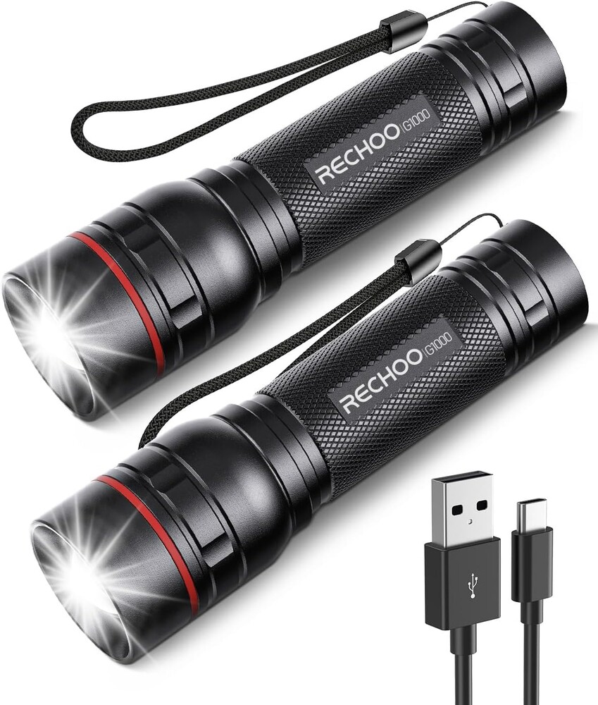 RECHOO Rechargeable Flashlights High Lumens, 2 Pack G1000 Super Bright Flash Light, Small Led Tactical Flashlight with 3 Lighting Modes, Portable Flashlights for Camping Home (Battery Included)